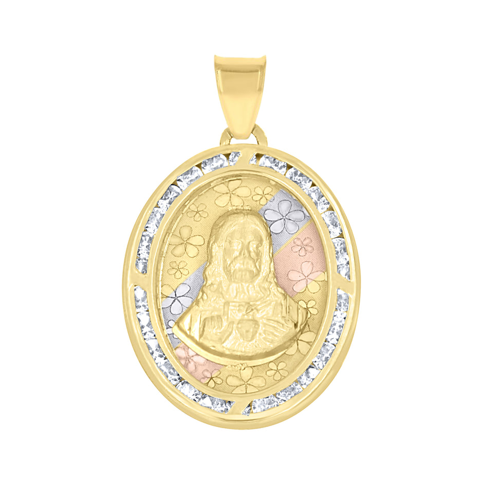 10kt Tri-Color Gold Unisex Cubic Zirconia Diamond-Cut Jesus Face Religious Charm Pendant