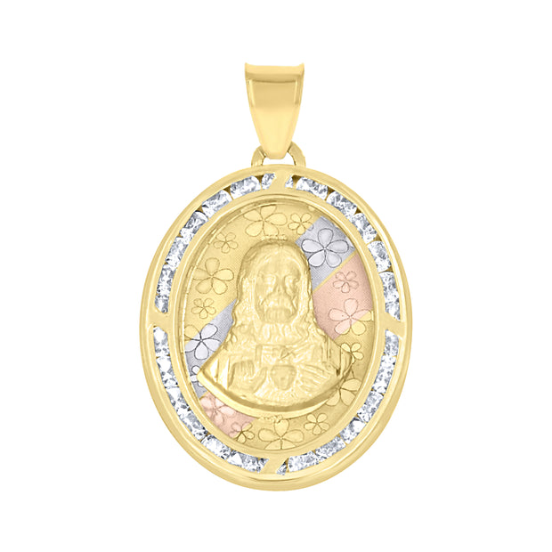 10kt Tri-Color Gold Unisex Cubic Zirconia Diamond-Cut Jesus Face Religious Charm Pendant