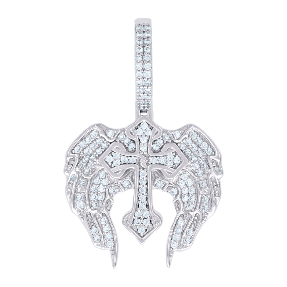 925 Sterling Silver Men Cubic-Zirconia Wing Cross Religious Charm Pendant 