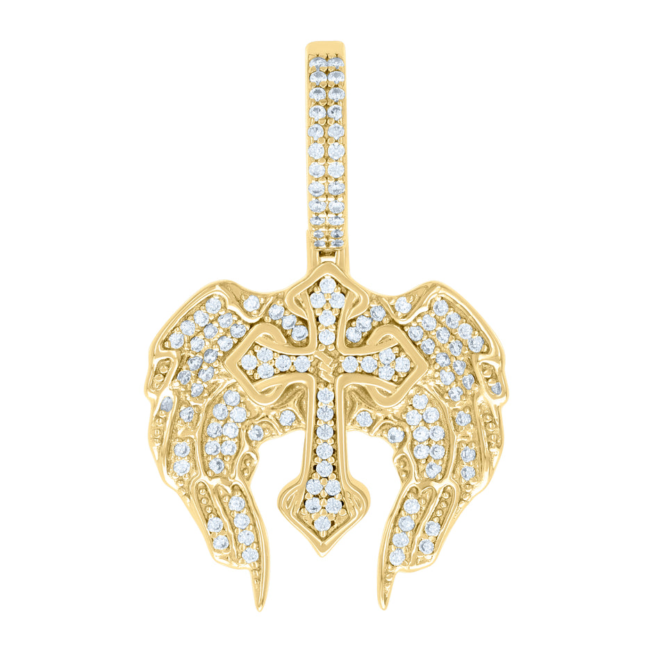 925 Sterling Silver Yellow-tone Men Cubic-Zirconia Wing Cross Religious Charm Pendant 