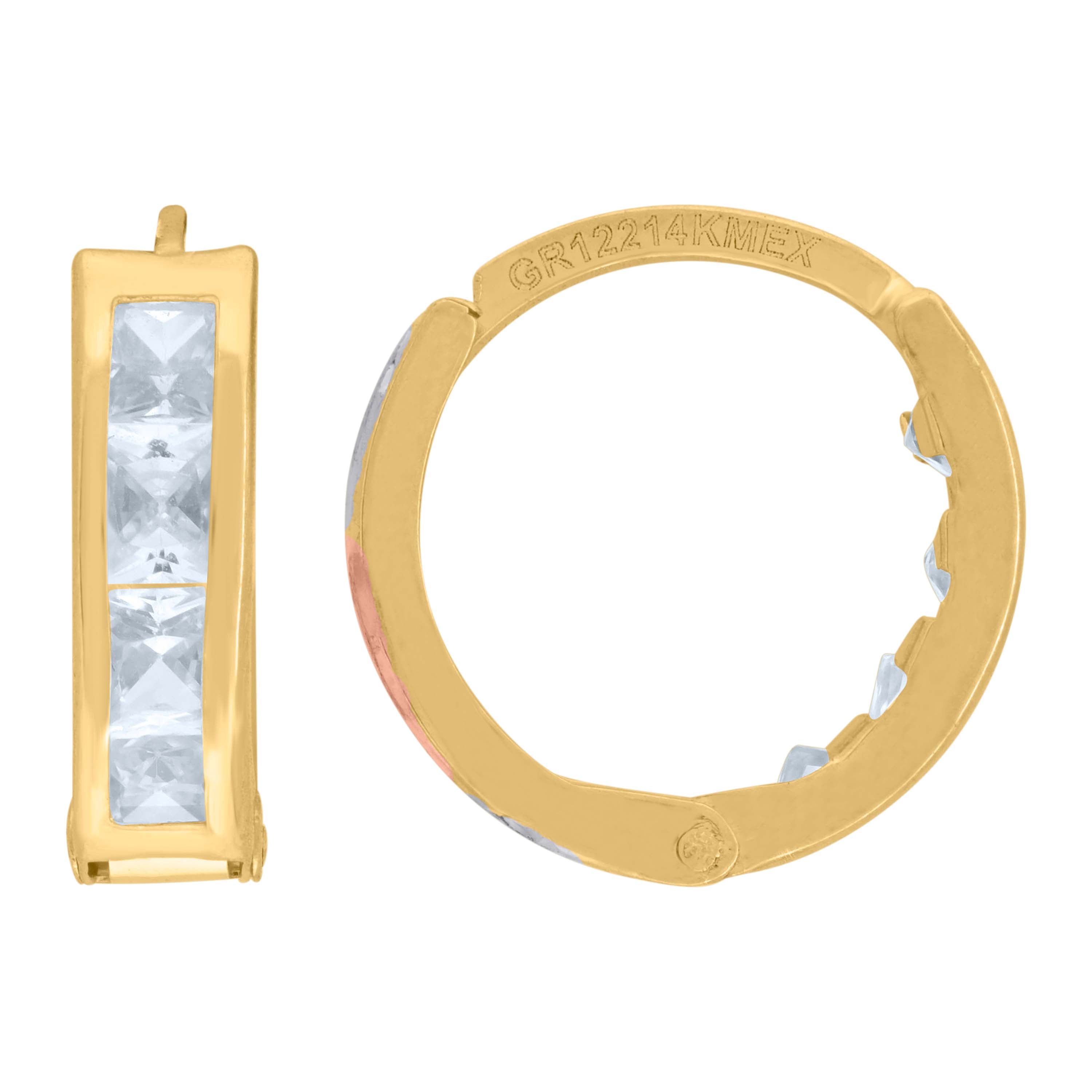 14Kt Tri-Color Gold Womens Princess-Cut Cubic Zirconia Single Row Huggie Hoop Earrings