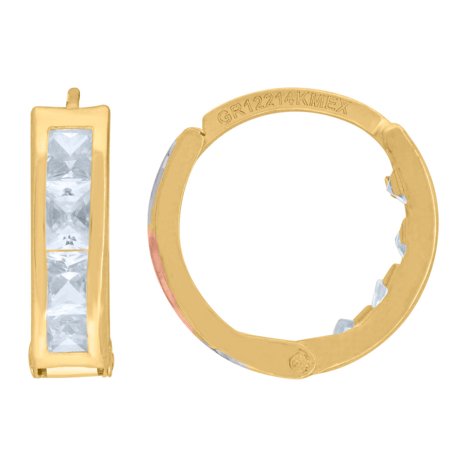 14Kt Tri-Color Gold Womens Princess-Cut Cubic Zirconia Single Row Huggie Hoop Earrings
