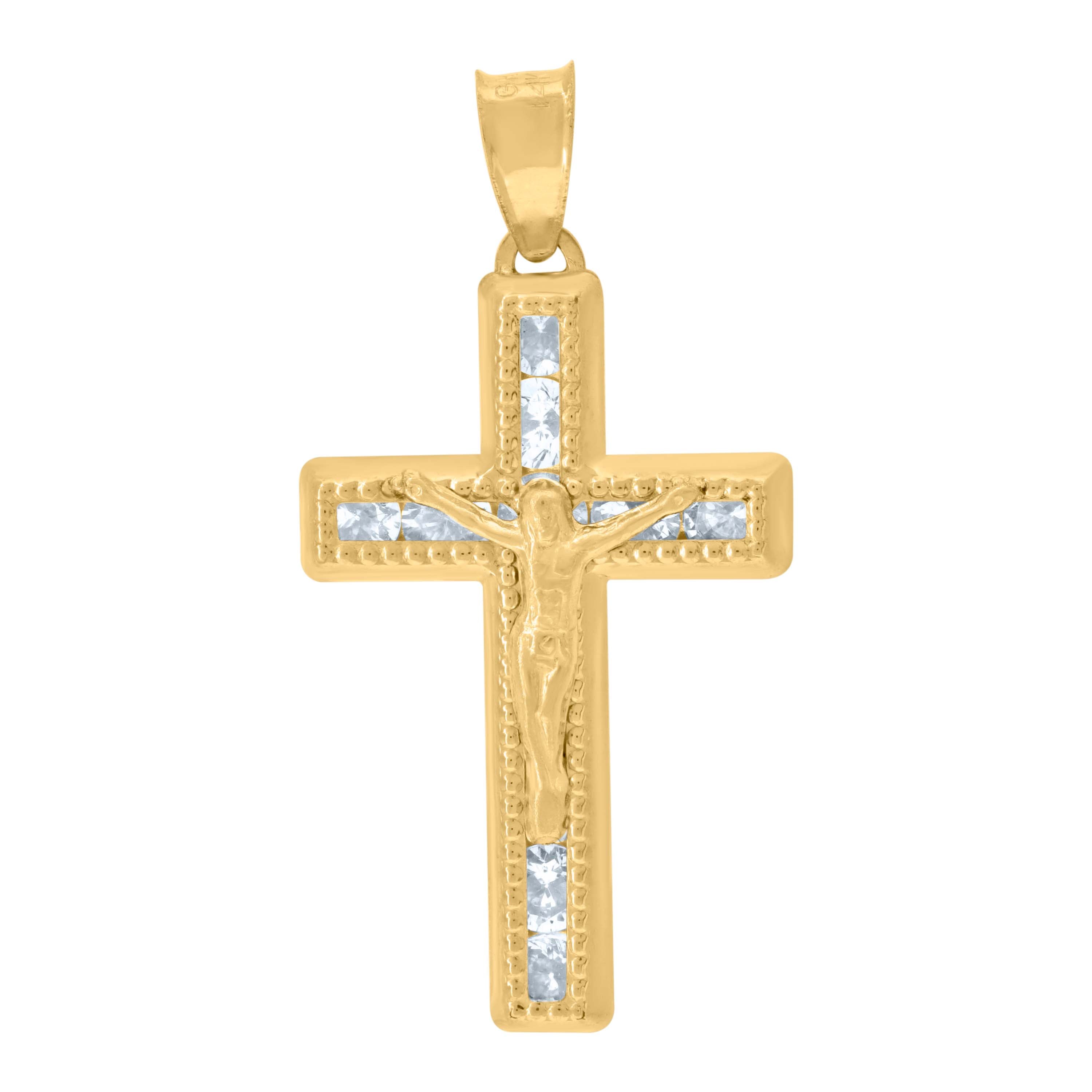 14Kt Yellow Gold Unisex Cubic Zirconia Textured Crucifix Cross Religious Charm Pendant