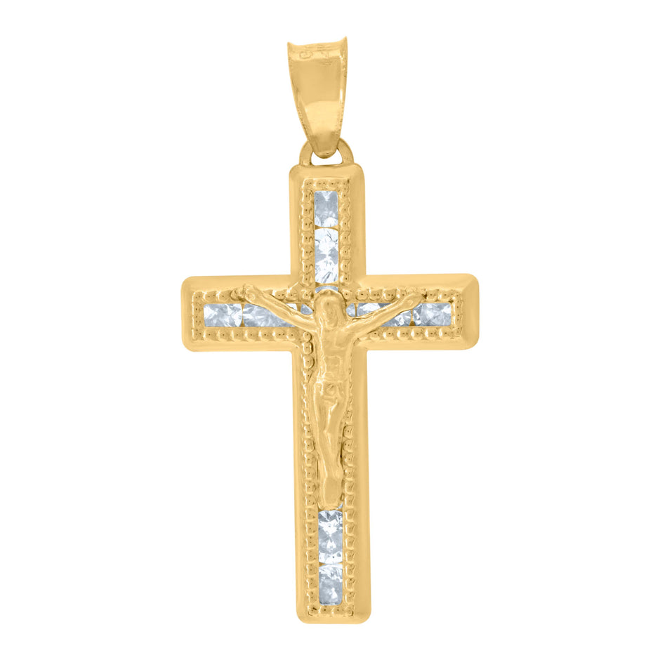 14Kt Yellow Gold Unisex Cubic Zirconia Textured Crucifix Cross Religious Charm Pendant