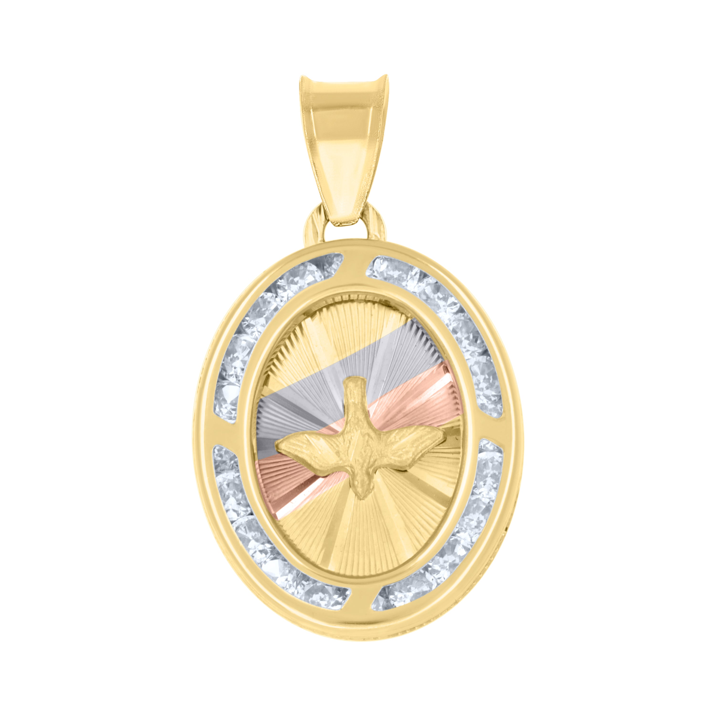 14Kt Tri-Color Gold Unisex Cz Textured Dove Peace Symbol Oval Charm Pendant