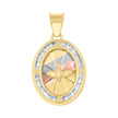 14Kt Tri-Color Gold Unisex Cz Textured Dove Peace Symbol Oval Charm Pendant