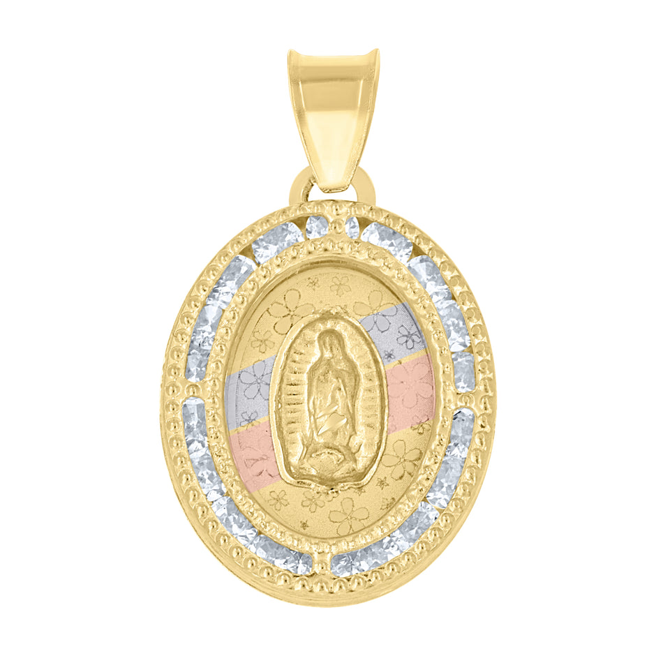 14Kt Tri-Color Gold Unisex Cz Textured Lady Of Guadalupe Religious Floral Oval Charm Pendant