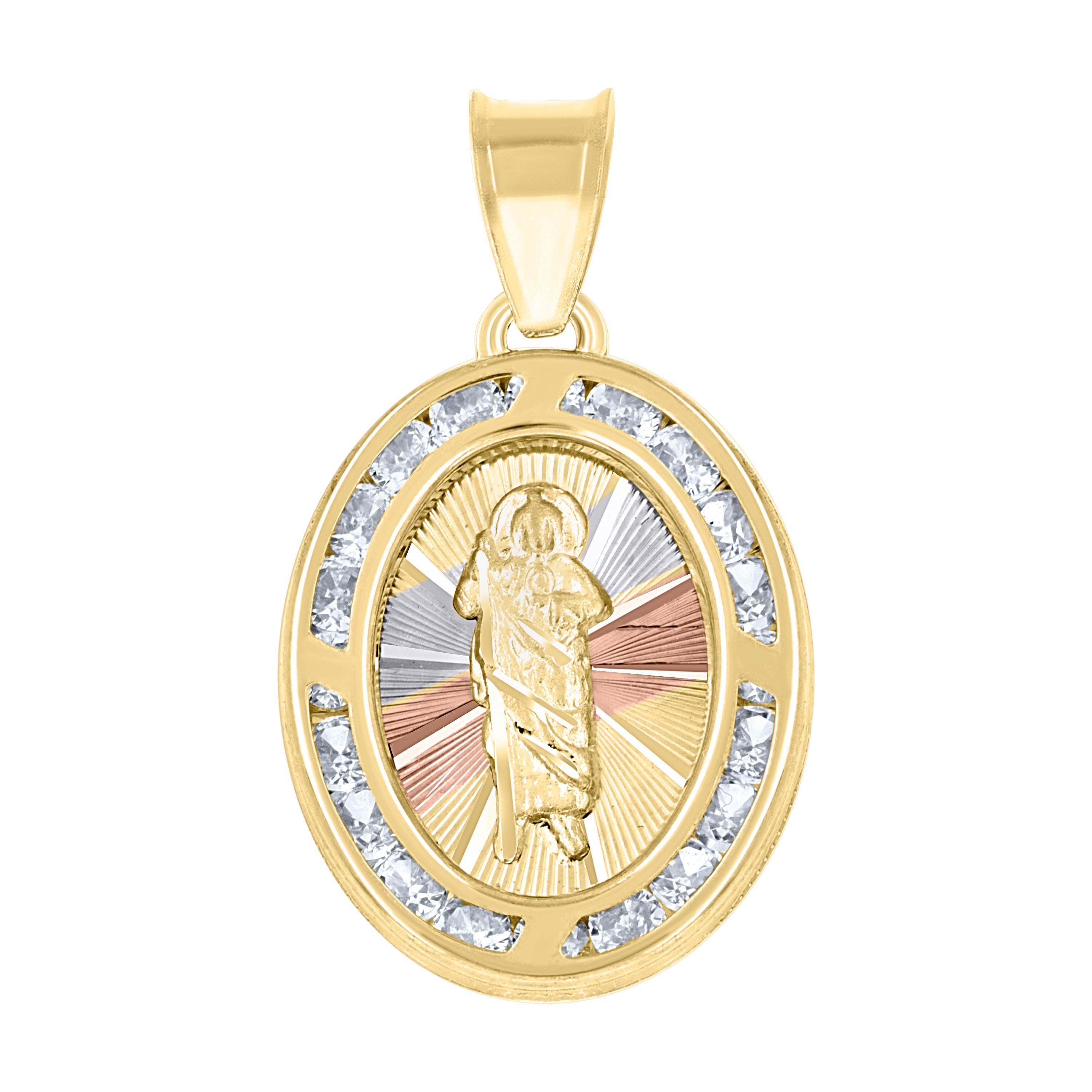 14Kt Tri-Color Gold Unisex Cz Textured Saint Jude Religious Oval Charm Pendant