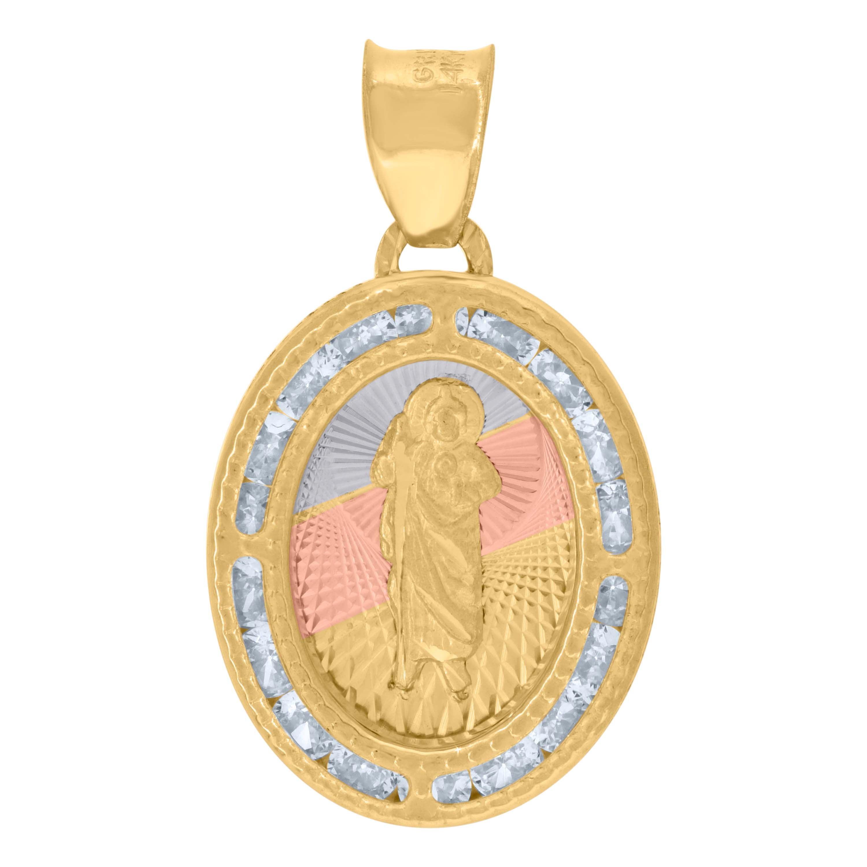 14Kt Tri-Color Gold Womens Cubic Zirconia Diamond-Cut Textured Saint Jude Religious Charm Pendant