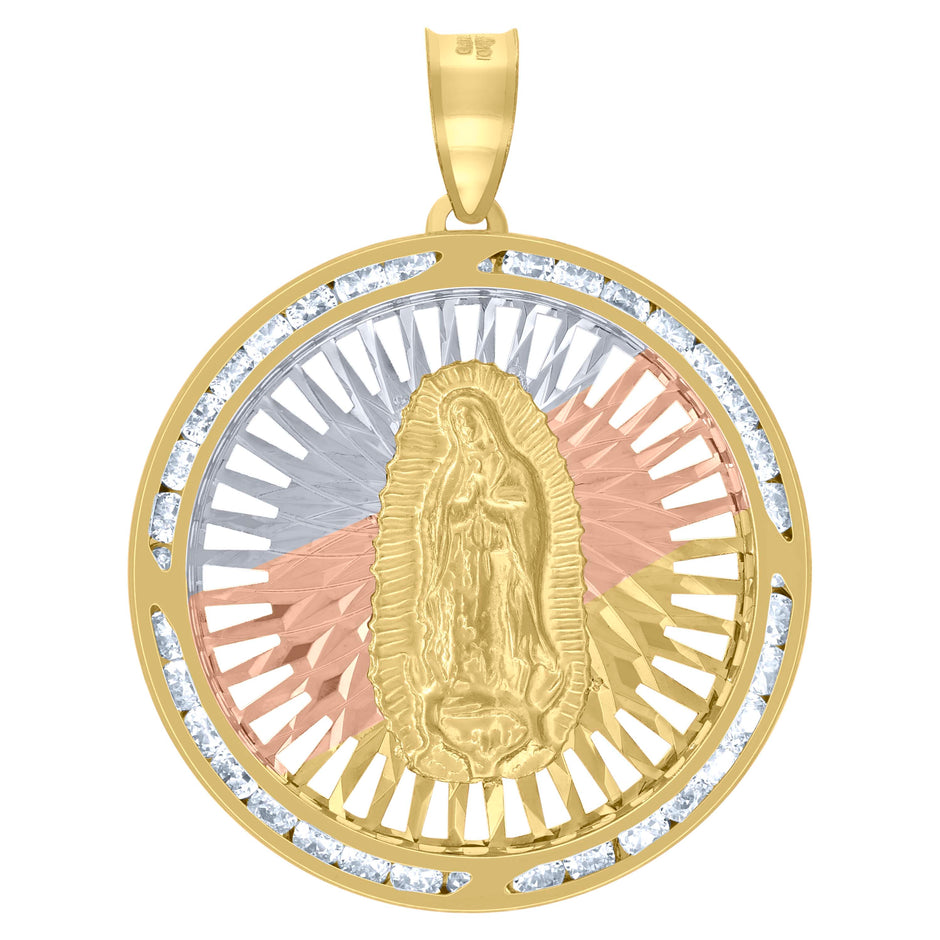 10kt Tri-Color Gold Unisex Cubic-Zirconia Diamond-Cut Lady Of Guadalupe Religious Charm Pendant