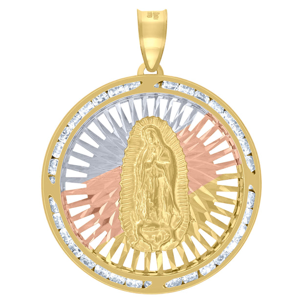10kt Tri-Color Gold Unisex Cubic-Zirconia Diamond-Cut Lady Of Guadalupe Religious Charm Pendant