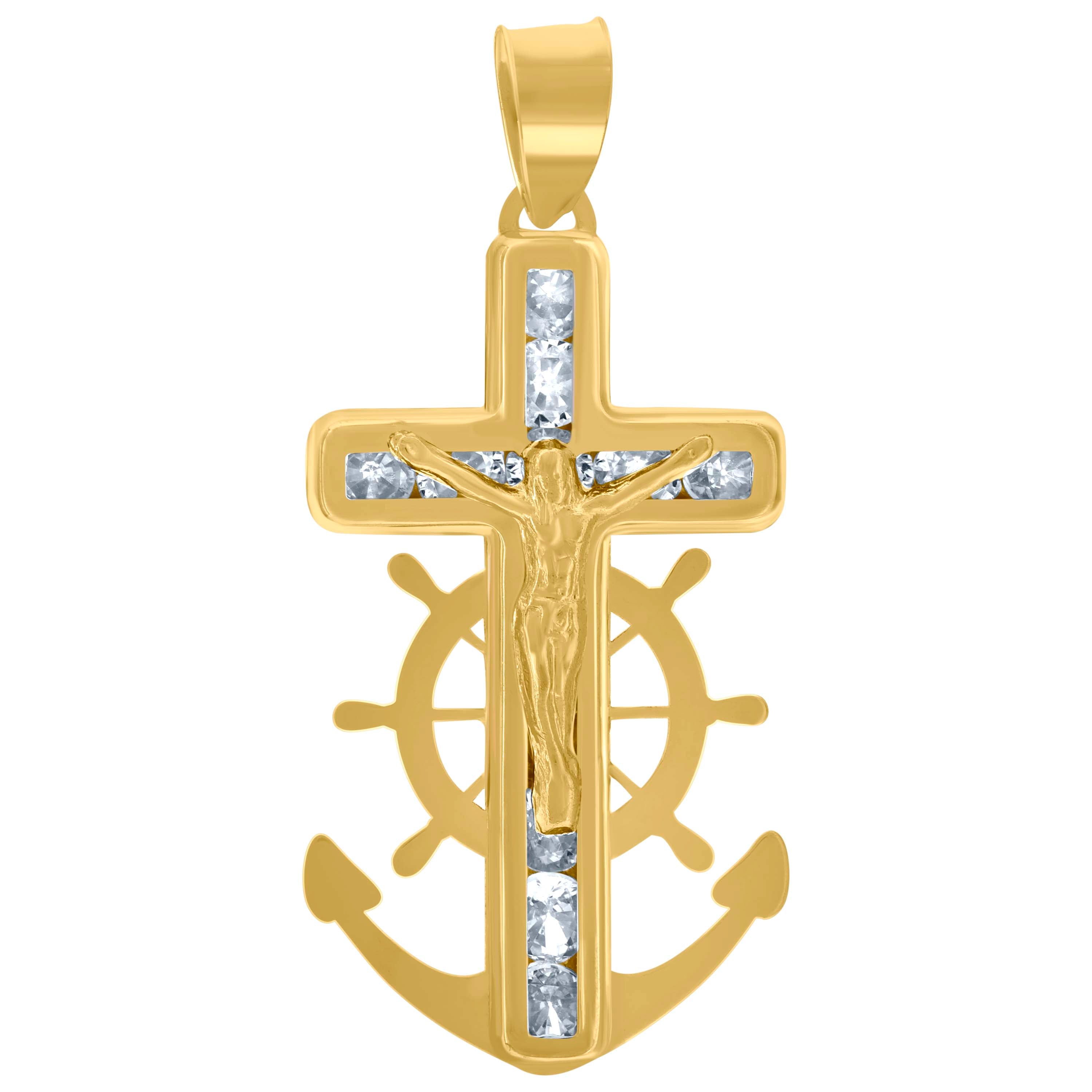 10kt Yellow Gold Unisex Cubic-Zirconia Polished Finish Crucifix Anchor Religious Charm Pendant