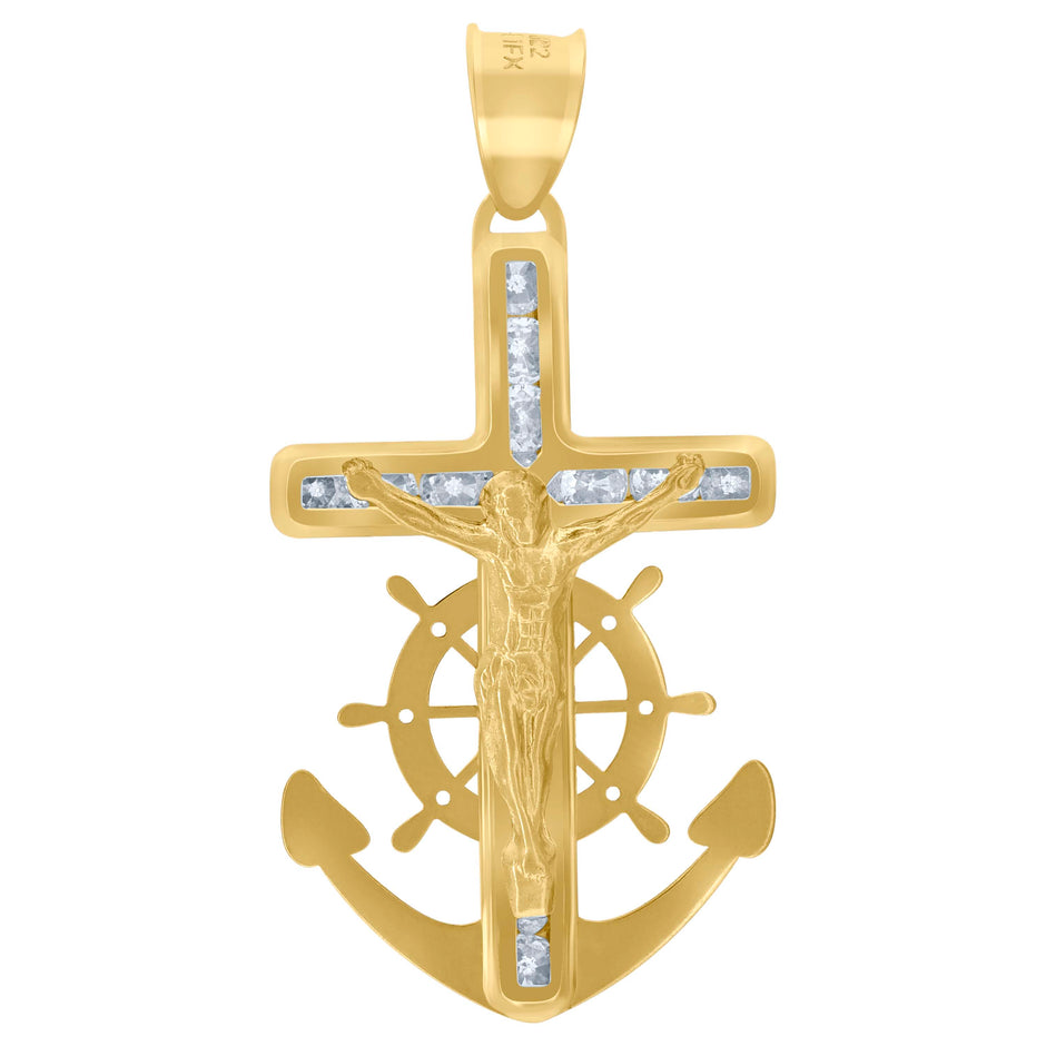 10kt Yellow Gold Unisex Cubic-Zirconia Textured Crucifix Anchor Religious Charm Pendant