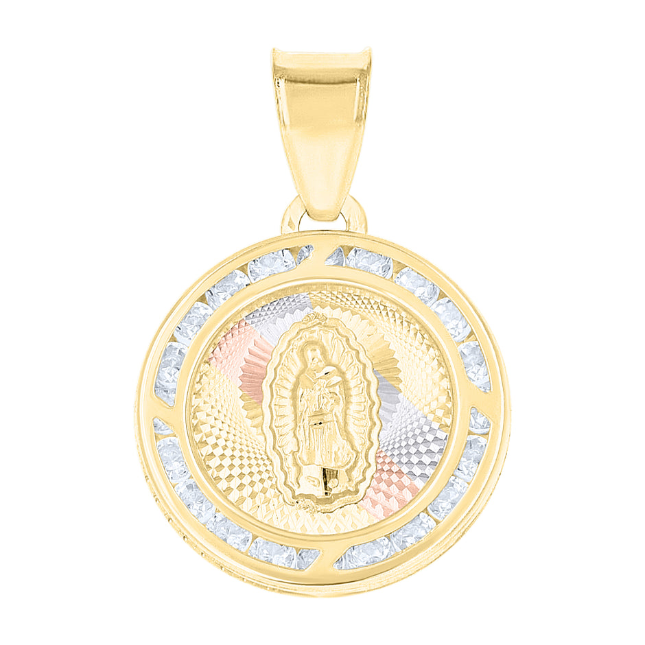 10kt Tri-Color Gold Unisex Cubic-Zirconia Guadalupe Religious Charm Pendant