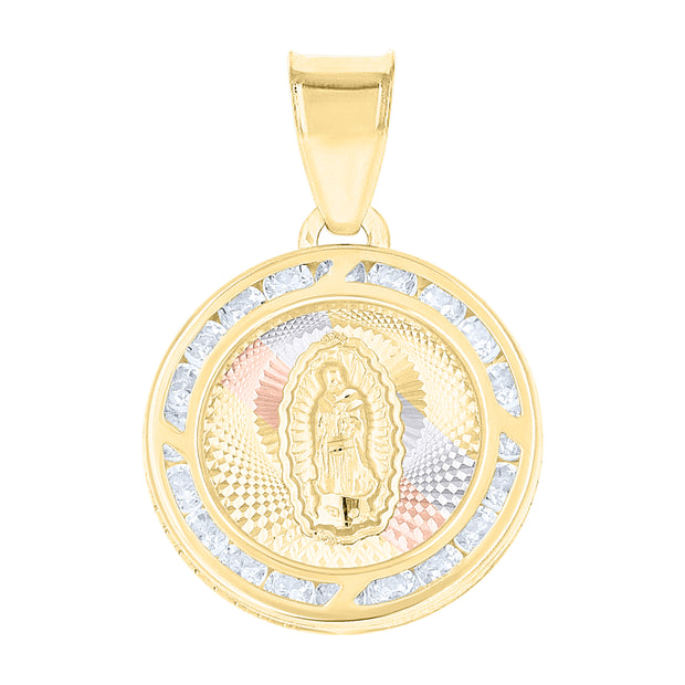 10kt Tri-Color Gold Unisex Cubic-Zirconia Guadalupe Religious Charm Pendant