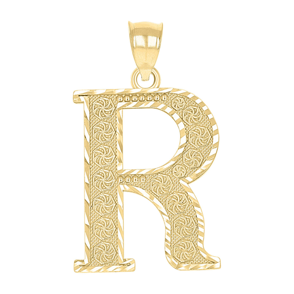 10kt Yellow Gold Unisex Diamond-Cut Initial Letter R Charm Pendant