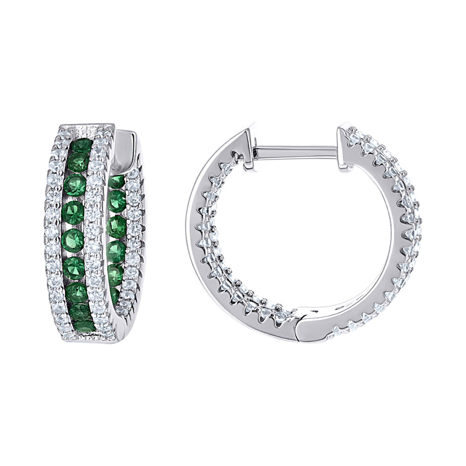 925 Sterling Silver Womens Green White Cubic-Zirconia Fashion Hoop Earrings
