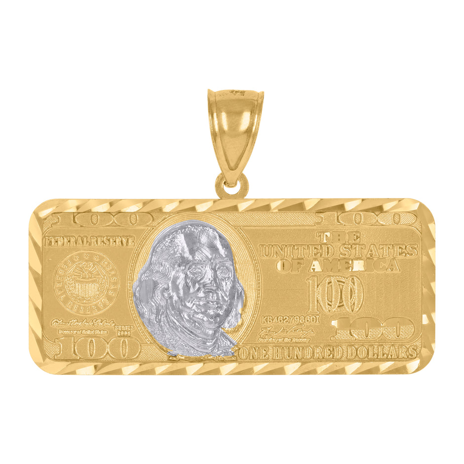 10kt Two-Tone Gold Mens 100 Dollar Bill Currency Diamond Cut Pendant