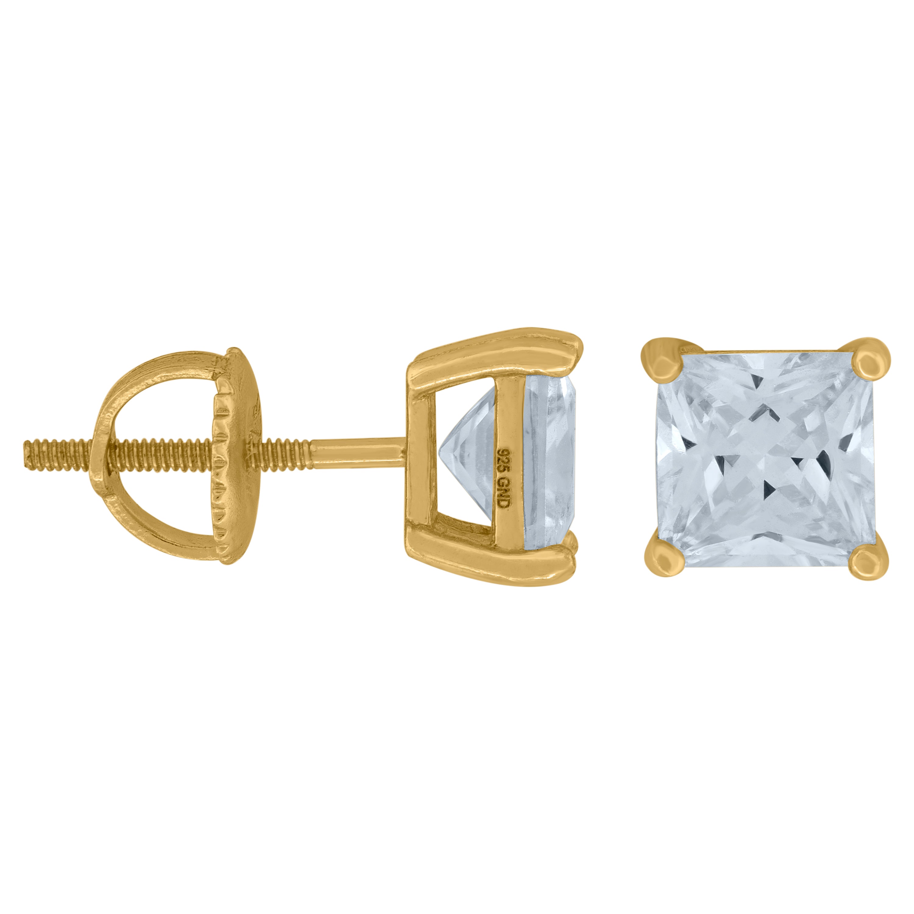 925 Sterling Silver Yellow-Tone Womens Cubic Zirconia Square Classic Studs Earrings