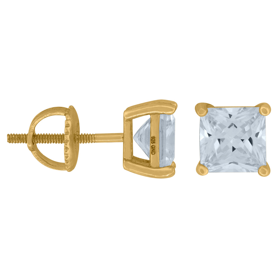 925 Sterling Silver Yellow-Tone Womens Cubic Zirconia Square Classic Studs Earrings