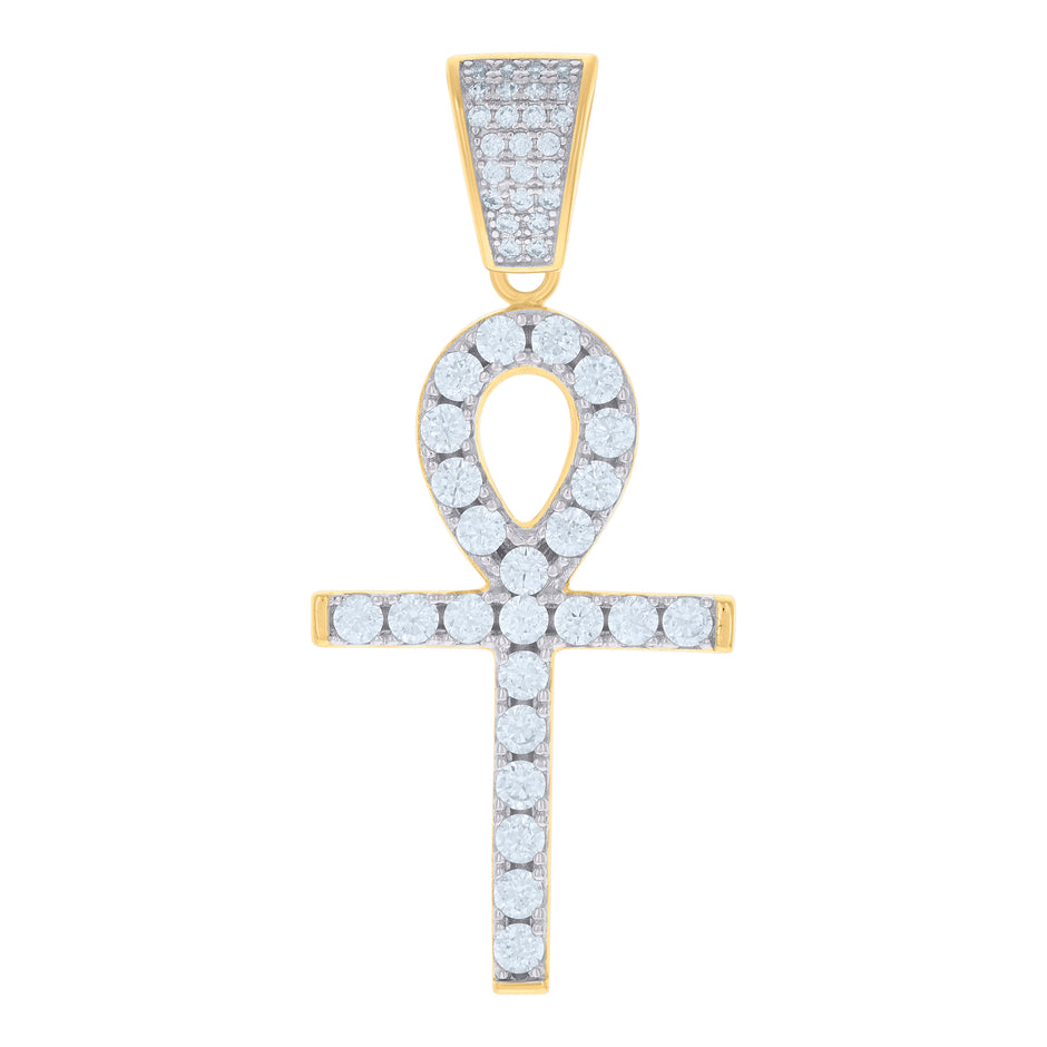925 Sterling Silver Yellow-Tone Unisex Cubic-Zirconia Ankh Cross Religious Charm Pendant
