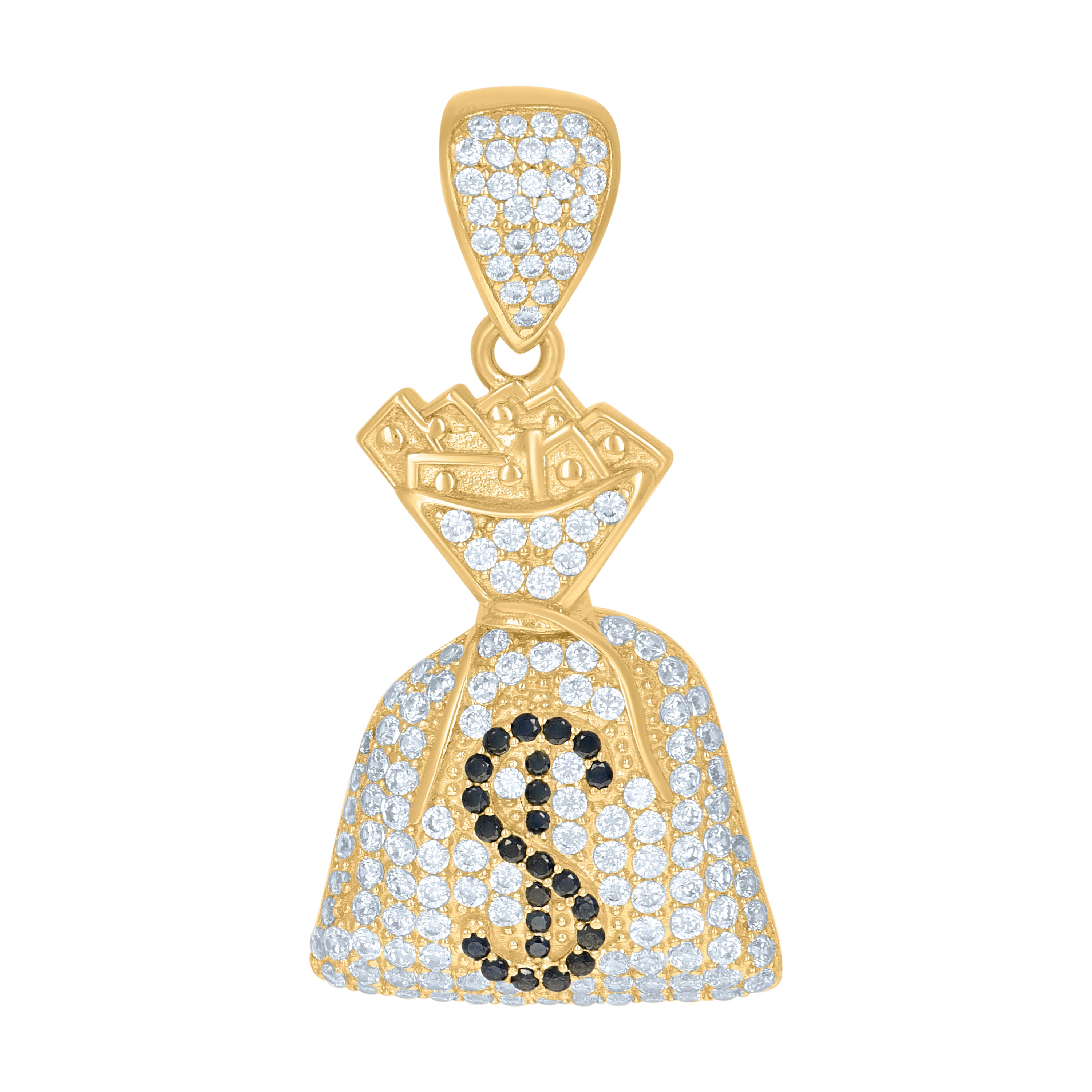 10kt Yellow Gold Mens Black White Cubic-Zirconia Money Bag Currency Charm Pendant