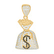 10kt Yellow Gold Mens Black White Cubic-Zirconia Money Bag Currency Charm Pendant