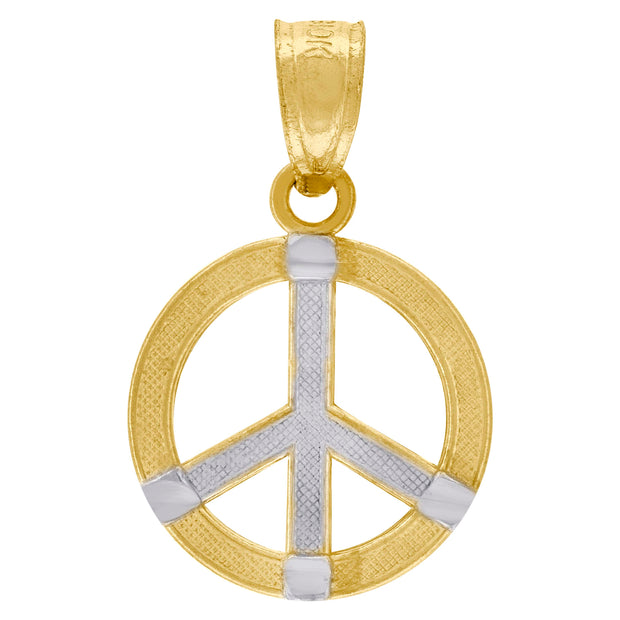 10kt Two-Tone Gold Unisex Textured Peace Sign Charm Pendant