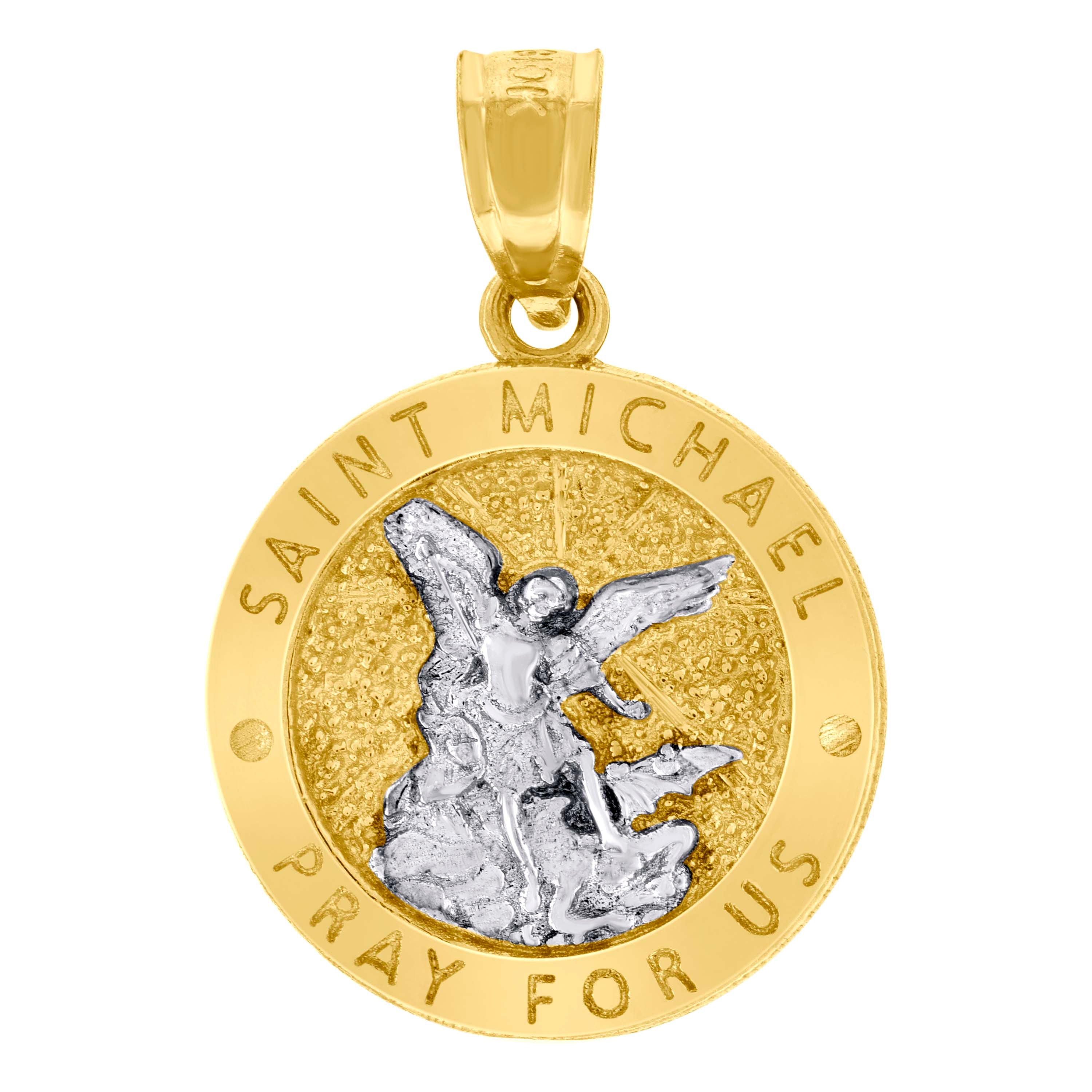 10kt Two-Tone Gold Unisex Textured Saint Michael Pray For Us Religious Charm Pendant