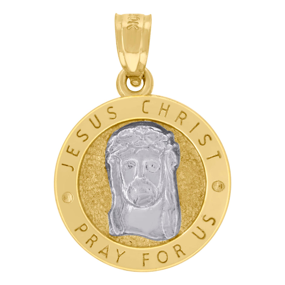 10kt Two-Tone Gold Unisex Textured Jesus Christ Pray For Us Religious Charm Pendant