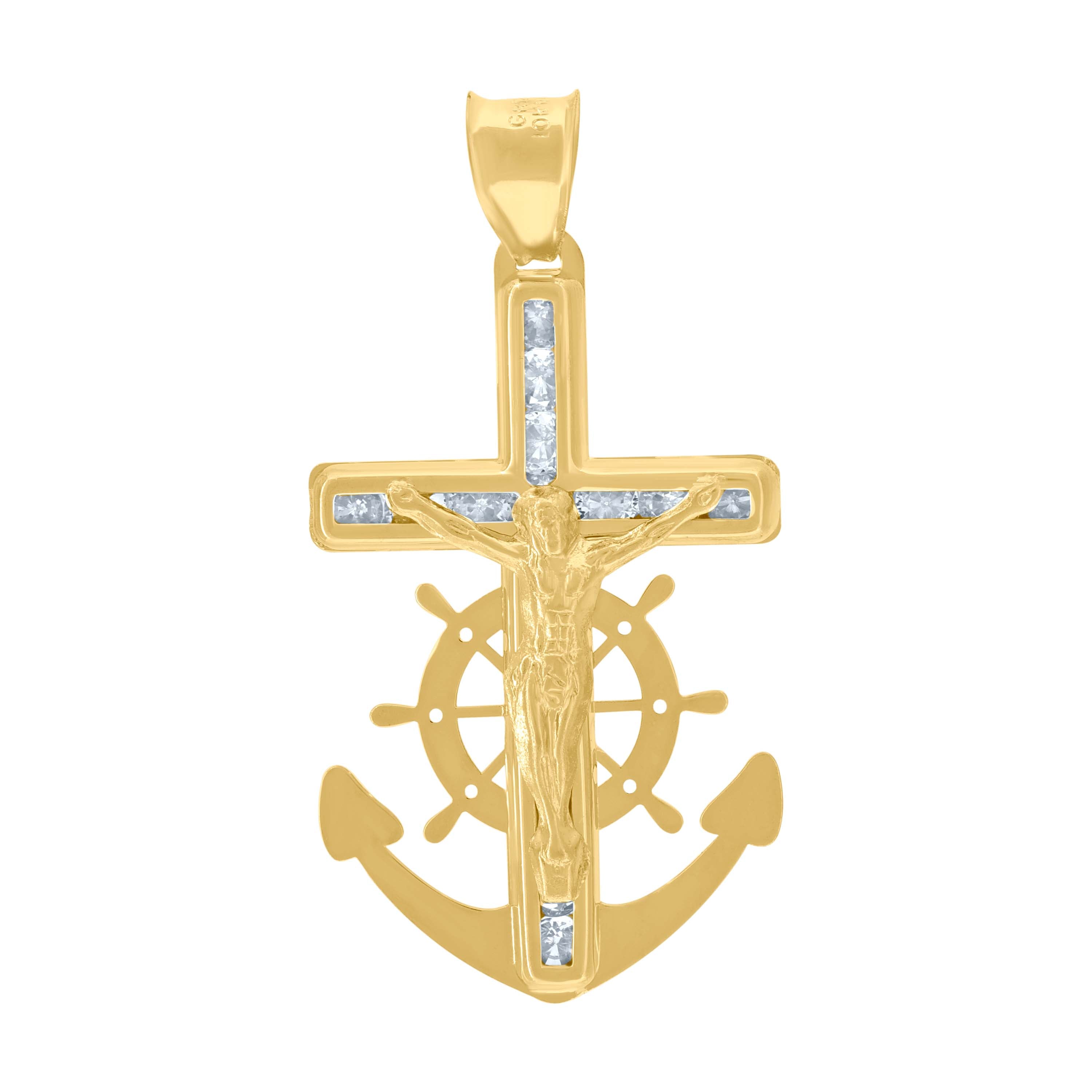 10kt Yellow Gold Unisex Cubic Zirconia Cubic-Zirconia Anchor Crucifix Cross Religious Charm Pendant
