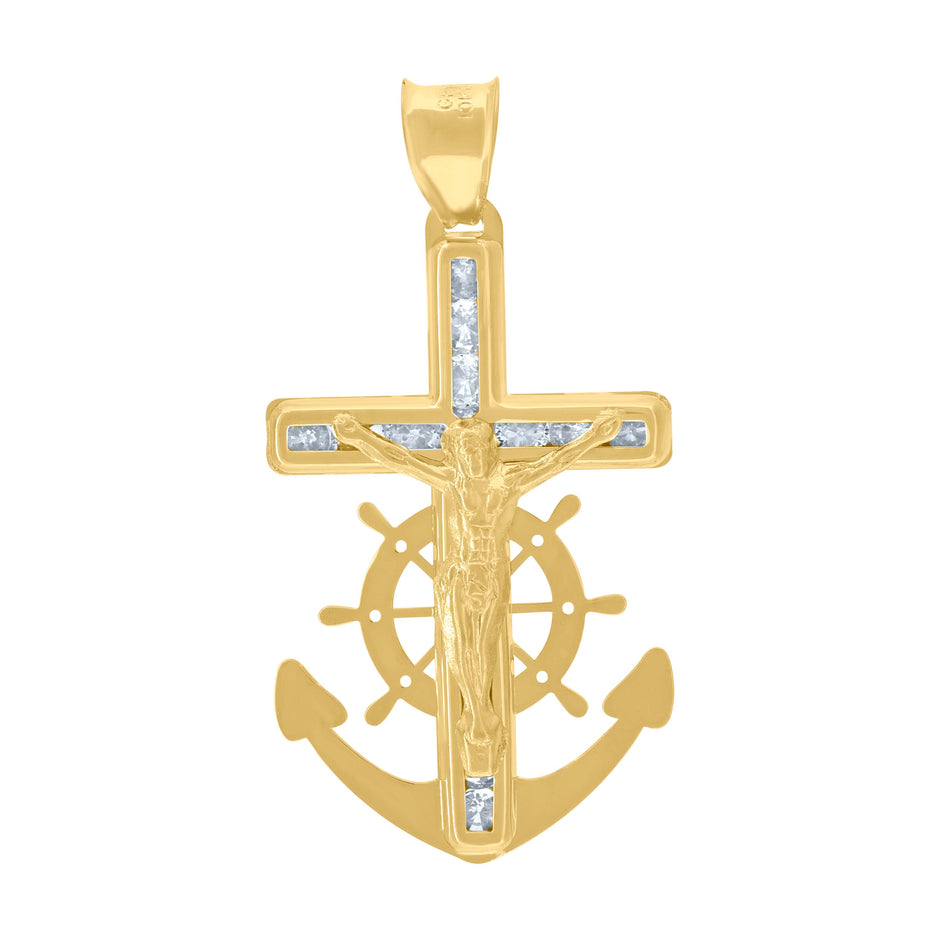 10kt Yellow Gold Unisex Cubic Zirconia Cubic-Zirconia Anchor Crucifix Cross Religious Charm Pendant