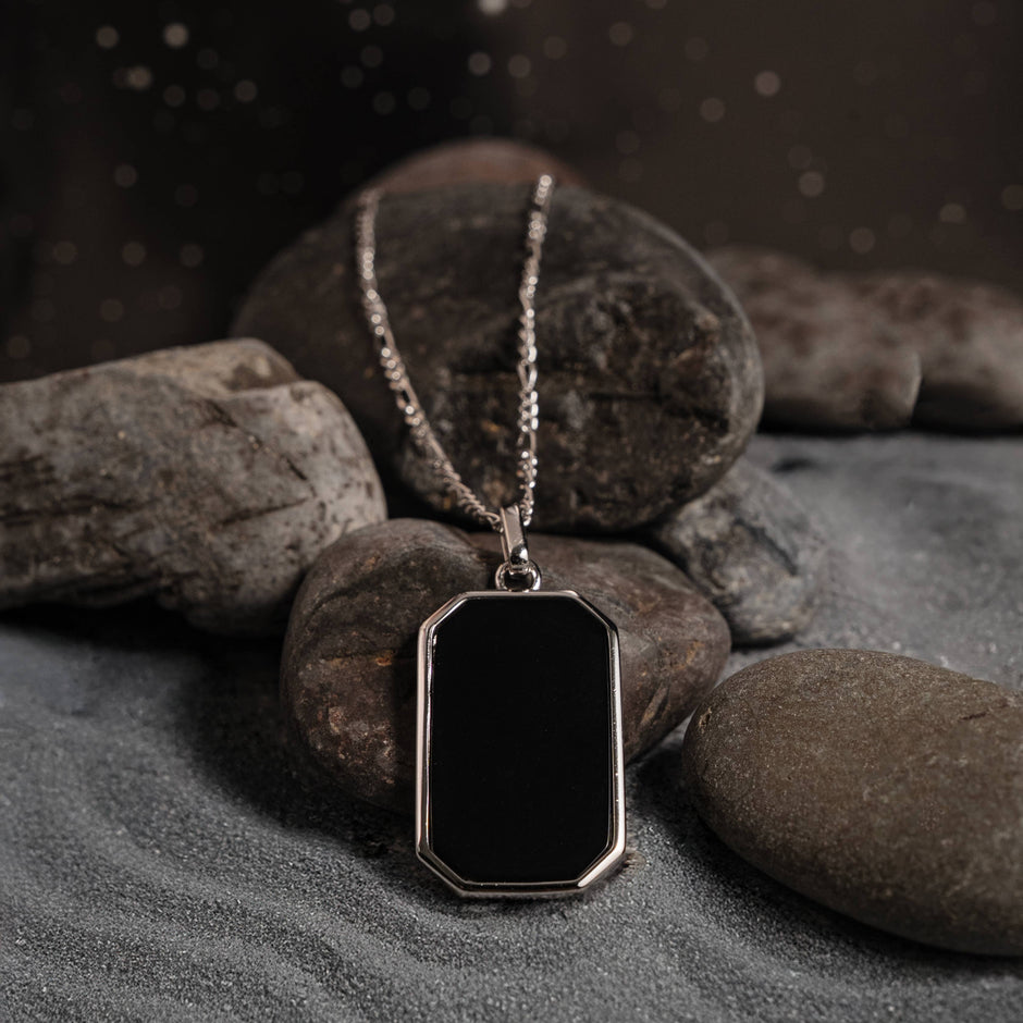 Rhodium Plated Black Onyx Tag Necklace
