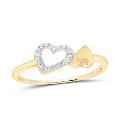 10k White Gold / Yellow Gold Round Diamond Slender Double Heart Ring 1/20 Cttw