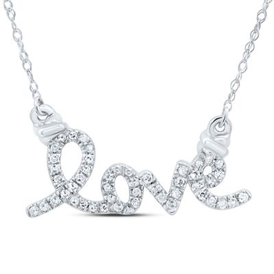 10kt White Gold Round Diamond Cursive Love Pendant Necklace 1/8 Cttw