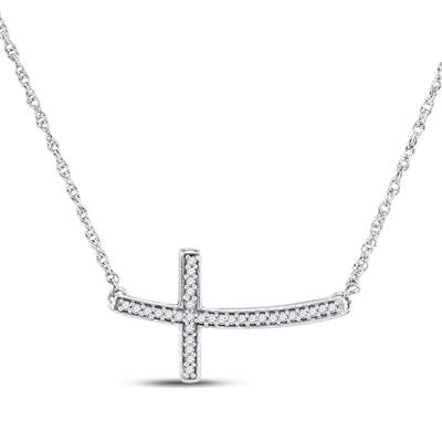 10k White Gold Round Diamond Horizontal Cross Pendant Necklace 1/10 Cttw
