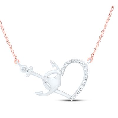 10k White Gold Round Diamond Heart Anchor Pendant Necklace 1/12 Cttw