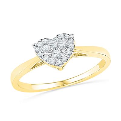 10k Yellow Gold Round Diamond Simple Heart Cluster Ring 1/6 Cttw