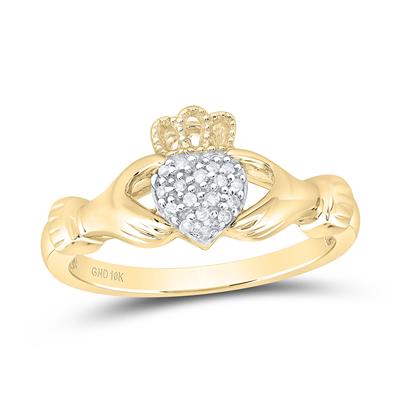 10k Yellow Gold Round Diamond Claddagh Hands Heart Cluster Ring 1/20 Cttw