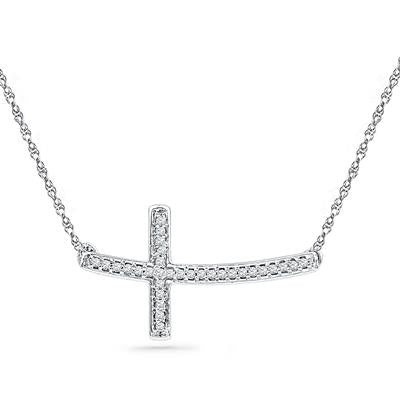 Sterling Silver Round Diamond Horizontal Sideways Cross Necklace 1/10 Cttw