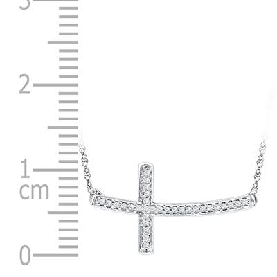 Sterling Silver Round Diamond Horizontal Sideways Cross Necklace 1/10 Cttw