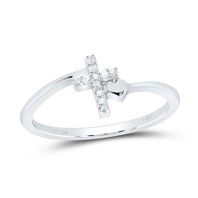 Sterling Silver Round Diamond Delicate Slender Cross Religious Ring 1/20 Cttw