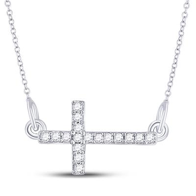 Sterling Silver Round Diamond Horizontal Sideways Cross Necklace 1/10 Cttw