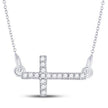 Sterling Silver Round Diamond Horizontal Sideways Cross Necklace 1/10 Cttw