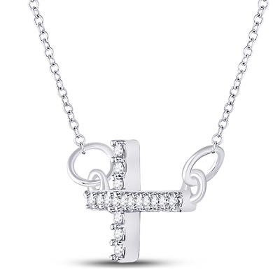 Sterling Silver Round Diamond Horizontal Sideways Cross Necklace 1/10 Cttw
