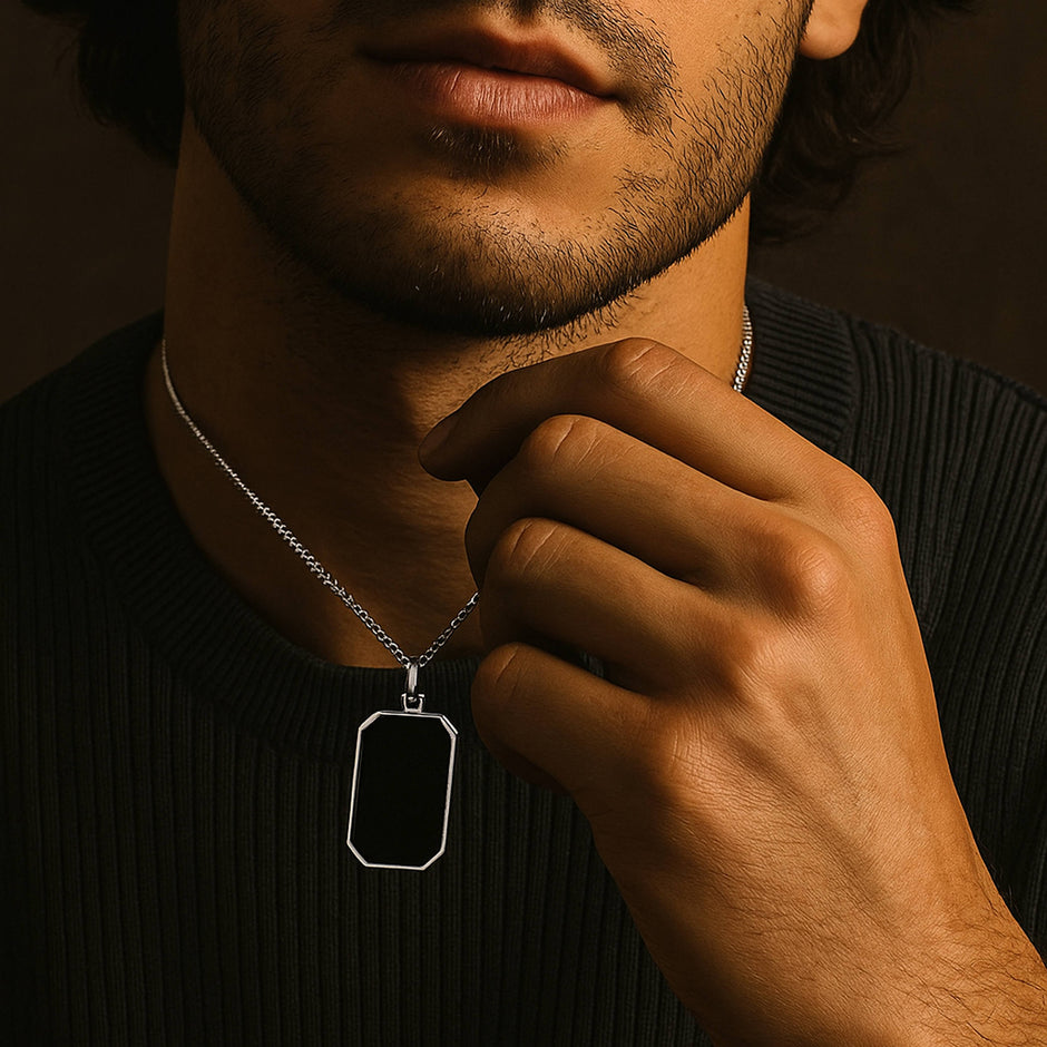 Rhodium Plated Black Onyx Tag Necklace